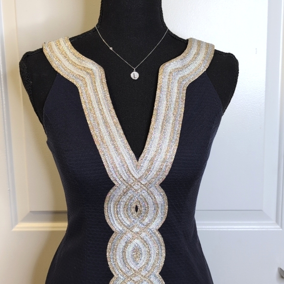 Lilly Pulitzer Valli Navy Shift Mini Dress Silver Gold Metallic Trim 00 - Picture 4 of 15